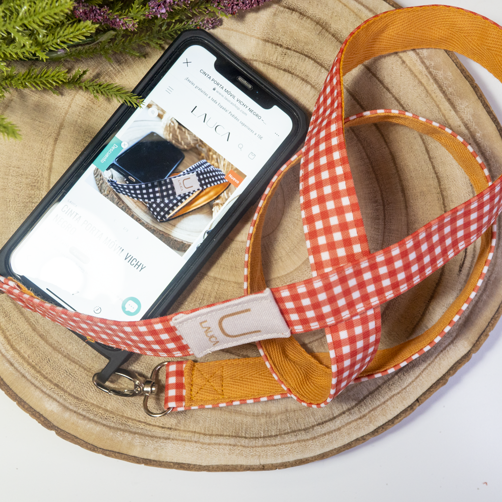 RED VICHY MOBILE PHONE HOLDER RIBBON